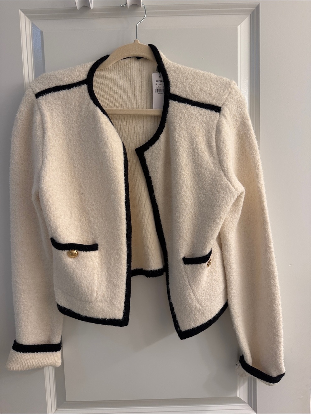 Express Cream Bouclé Jacket with Black Trim and Gold Buttons